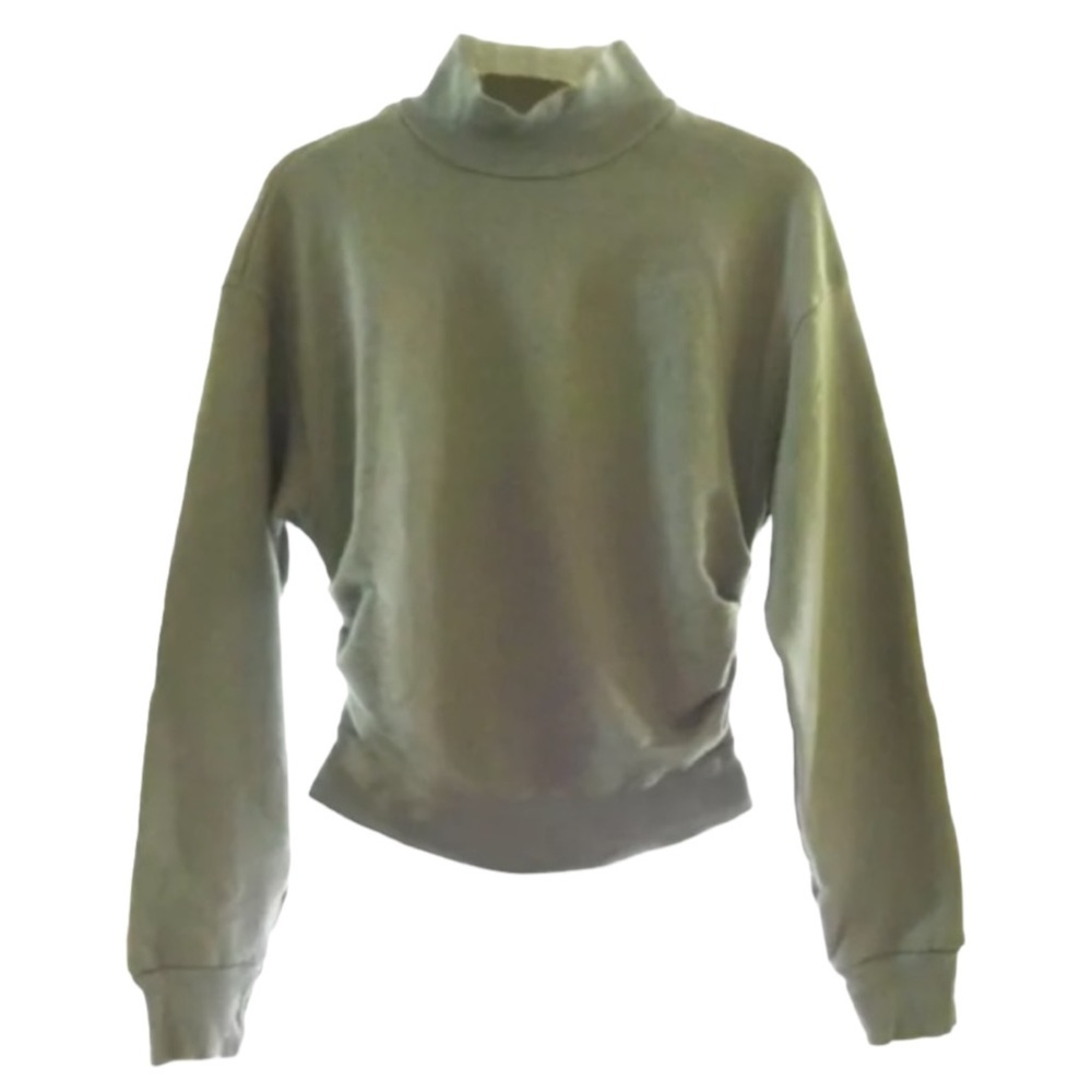 $126 French Terry Sweatshirt Large 10 12 Green Side Ruching Mock Neck Stateside